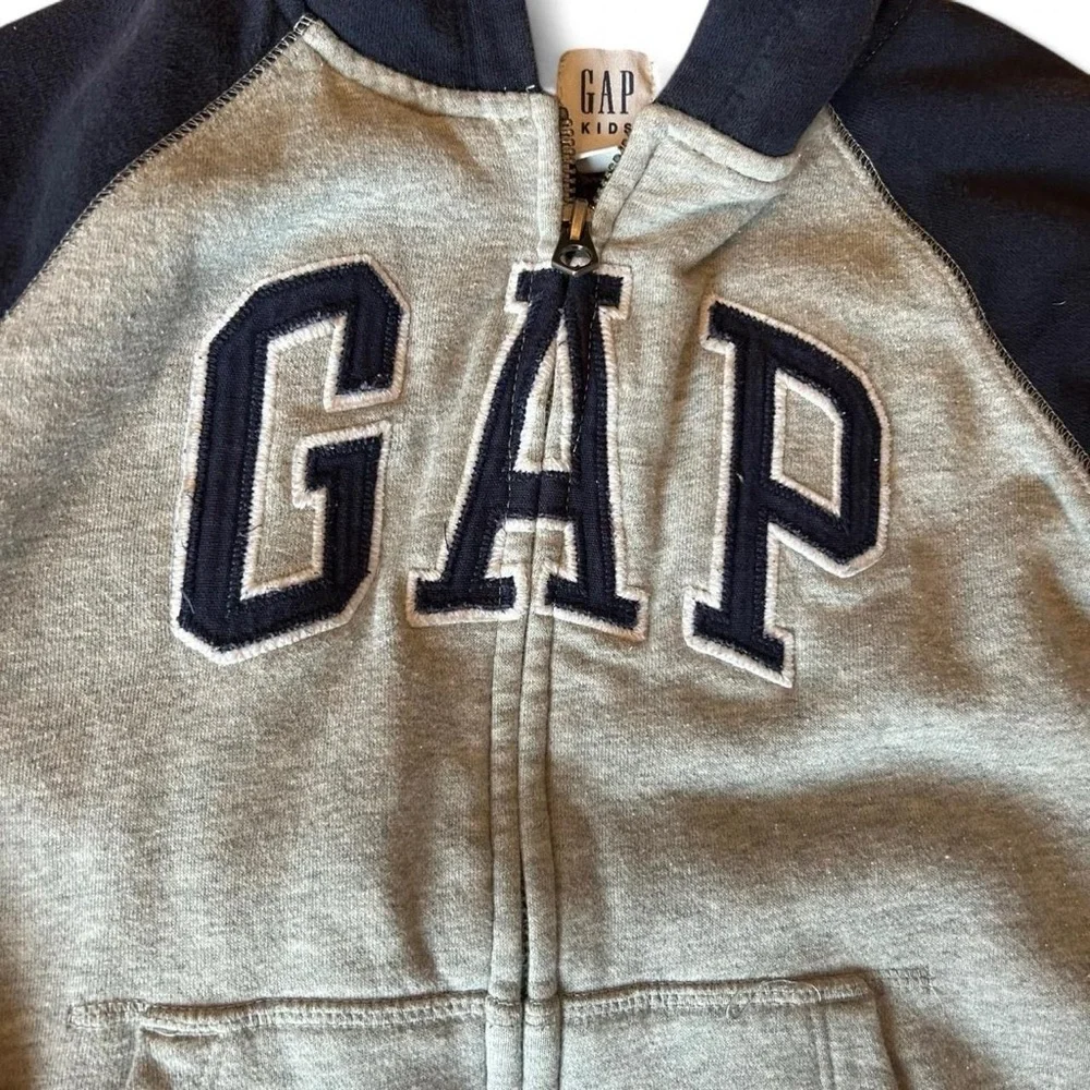 Kids Gap Zip-Up Hoodie, Size Small | Heather Gray with Navy Arms & Hood